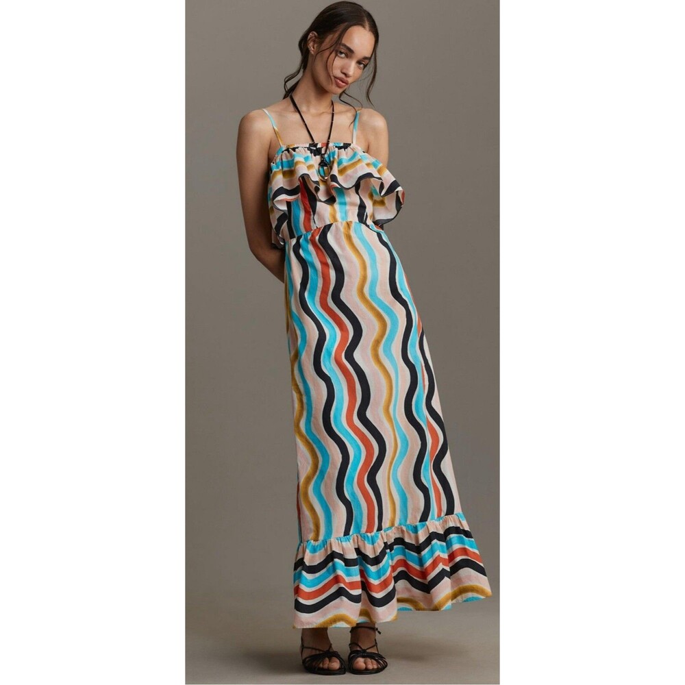 Farm Rio Anthropologie Maxi Dress Blue Stripe Cotton Vacay Resort Medium NWT